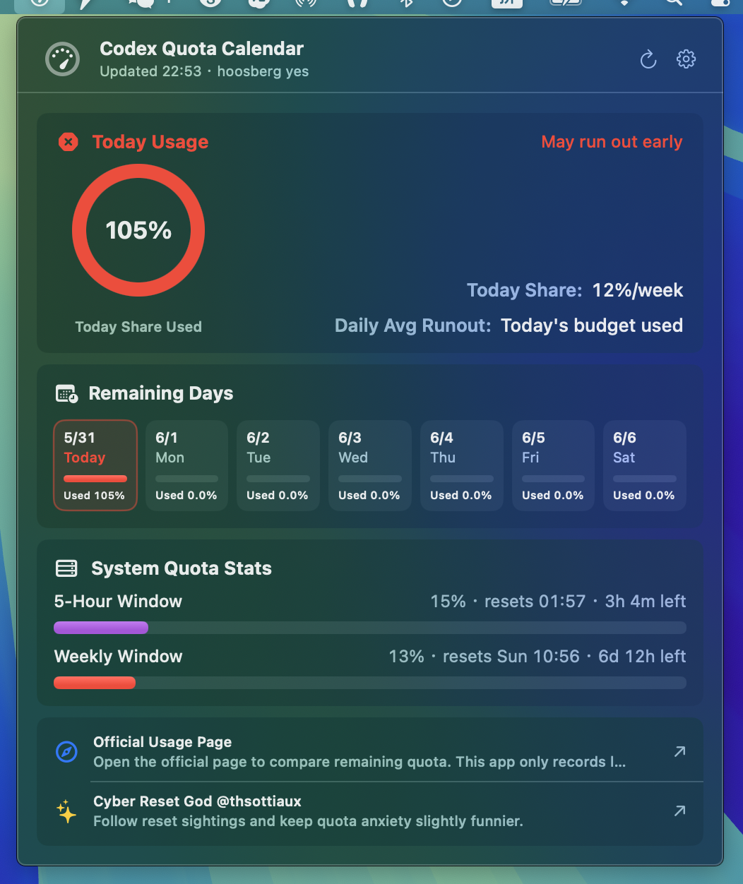 Codex Quota Calendar macOS menu bar screenshot
